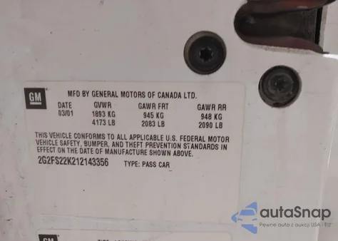 2001 Pontiac Firebird z USA, uszkodzony, nr VIN 2G2FS22K212143356